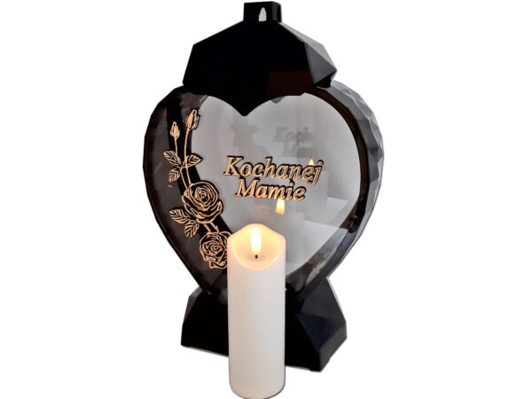 MAMA MAMIE ZNICZ LAMPION SERCE D RÓŻA CZARNY ZŁOTO LITERY+ŚWIECA LED BIAŁA