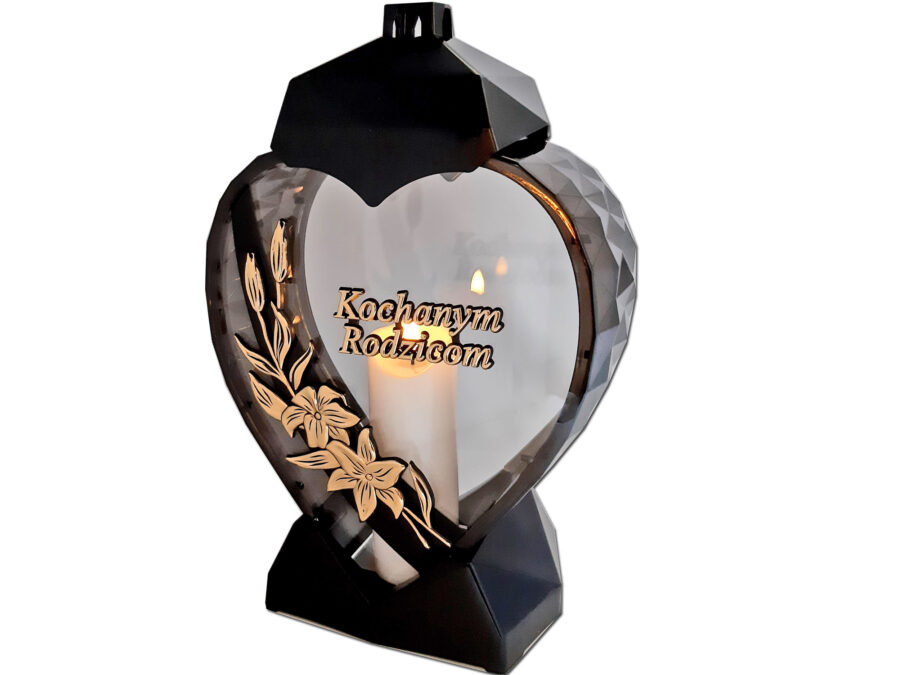 RODZICE RODZICOM ZNICZ LAMPION SERCE D KALIA CZARNY ZŁOTO LITERY+ŚWIECA LED