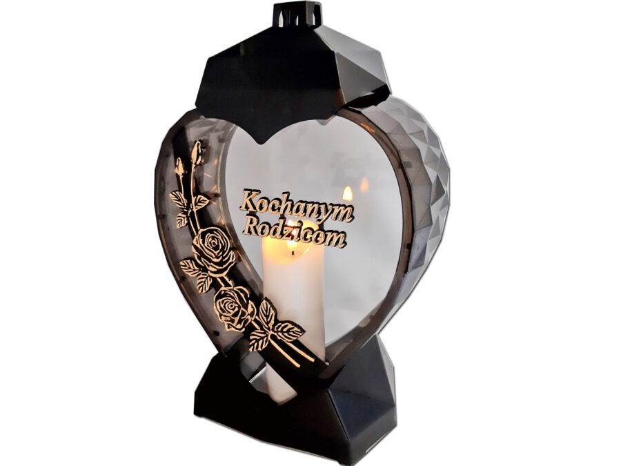 RODZICE RODZICOM ZNICZ LAMPION SERCE D RÓŻA CZARNY ZŁOTO LITERY+ŚWIECA LED BIAŁA