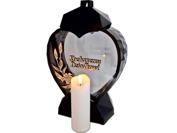 DZIADEK DZIADKOWI ZNICZ LAMPION SERCE D KALIA CZARNY ZŁOTO LITERY+ŚWIECA LED BIAŁA