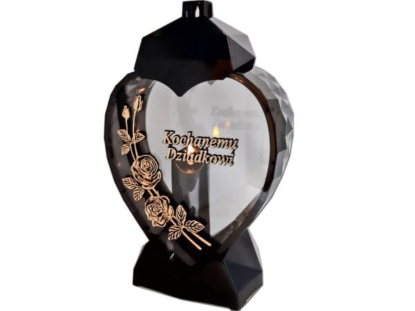 DZIADEK DZIADKOWI ZNICZ LAMPION SERCE D RÓŻA CZARNY ZŁOTO LITERY+ŚWIECA LED CZARNA