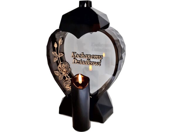 DZIADEK DZIADKOWI ZNICZ LAMPION SERCE D RÓŻA CZARNY ZŁOTO LITERY+ŚWIECA LED CZARNA