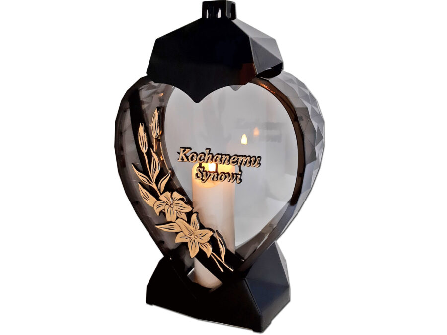 SYN SYNOWI ZNICZ LAMPION SERCE D KALIA CZARNY ZŁOTO LITERY+ŚWIECA LED BIAŁA
