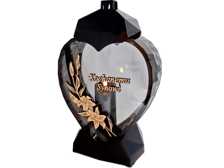 SYN SYNOWI ZNICZ LAMPION SERCE D KALIA CZARNY ZŁOTO LITERY+ŚWIECA LED CZARNA