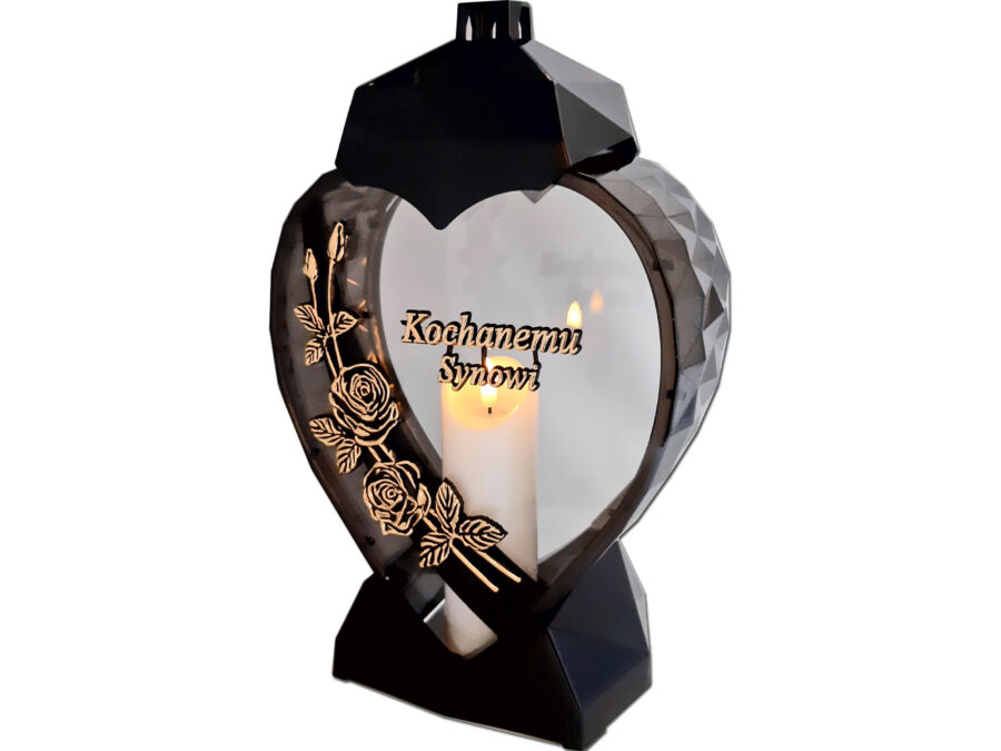 SYN SYNOWI ZNICZ LAMPION SERCE D RÓŻA CZARNY ZŁOTO LITERY+ŚWIECA LED BIAŁA
