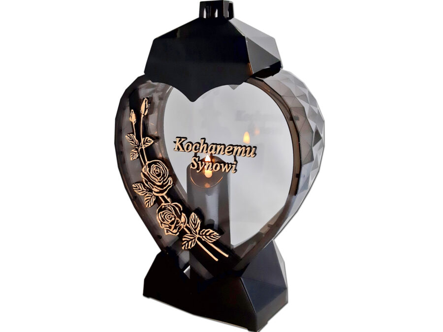 SYN SYNOWI ZNICZ LAMPION SERCE D RÓŻA CZARNY ZŁOTO LITERY+ŚWIECA LED CZARNA