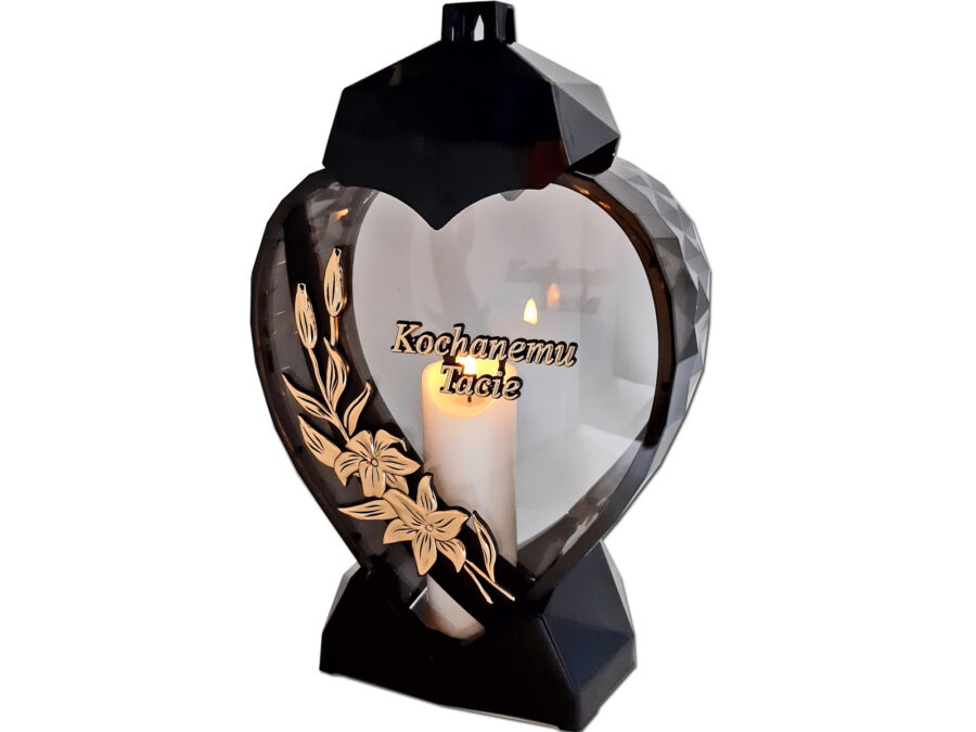 TATA TACIE ZNICZ LAMPION SERCE D KALIA CZARNY ZŁOTO LITERY+ŚWIECA LED BIAŁA