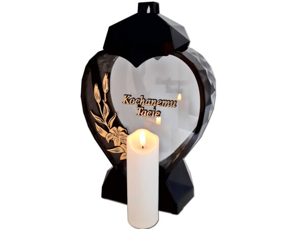 TATA TACIE ZNICZ LAMPION SERCE D KALIA CZARNY ZŁOTO LITERY+ŚWIECA LED BIAŁA