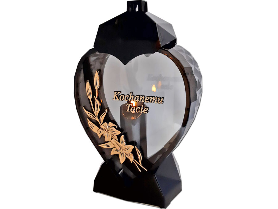 TATA TACIE ZNICZ LAMPION SERCE D KALIA CZARNY ZŁOTO LITERY+ŚWIECA LED CZARNA