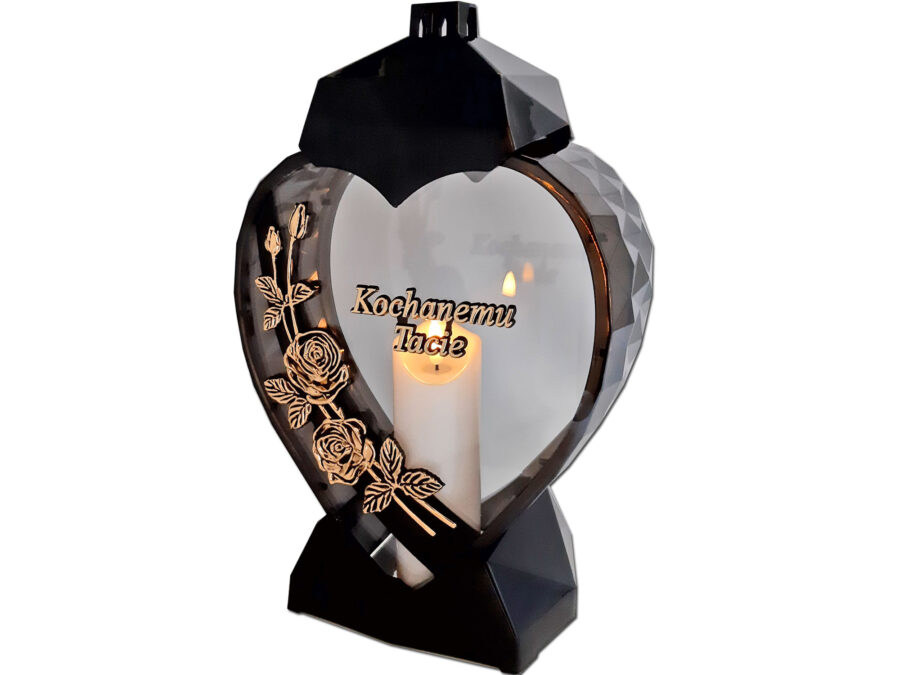 TATA TACIE ZNICZ LAMPION SERCE D RÓŻA CZARNY ZŁOTO LITERY+ŚWIECA LED BIAŁA