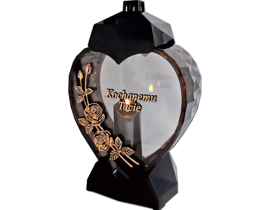 TATA TACIE ZNICZ LAMPION SERCE D RÓŻA CZARNY ZŁOTO LITERY+ŚWIECA LED CZARNA