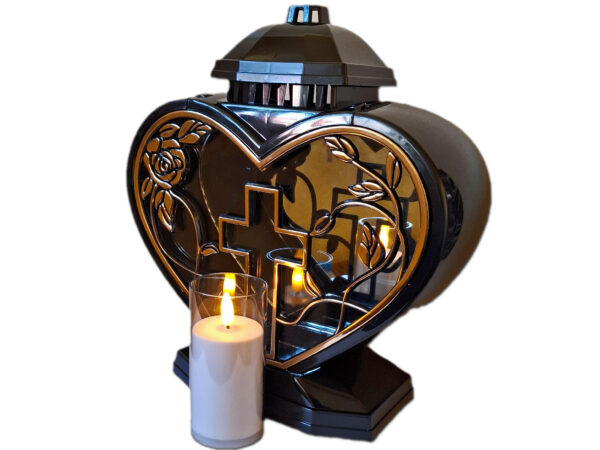 ZNICZ LAMPION NA GRÓB SERCE GIGANT RAMKA KRZYŻ+ŚWIECA LED