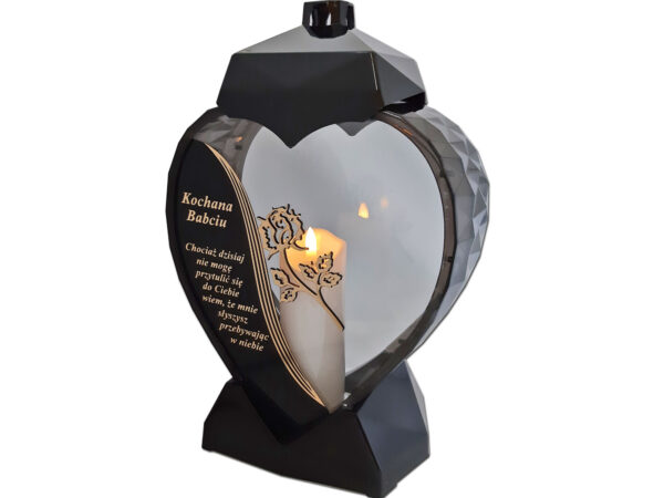 BABCIA BABCI ZNICZ SERCE D CZARNY RÓŻA SENTENCJA ZŁOTO+ŚWIECA LED BIAŁA