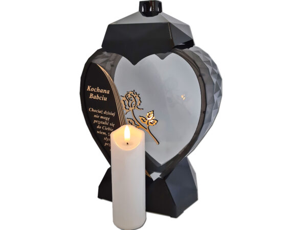 BABCIA BABCI ZNICZ SERCE D CZARNY RÓŻA SENTENCJA ZŁOTO+ŚWIECA LED BIAŁA