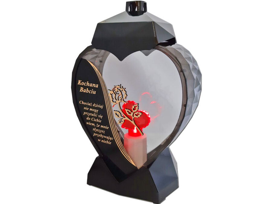 BABCIA BABCI ZNICZ SERCE D CZARNY RÓŻA SENTENCJA ZŁOTO+SERCE LED