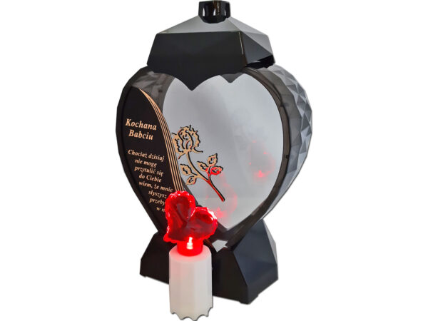 BABCIA BABCI ZNICZ SERCE D CZARNY RÓŻA SENTENCJA ZŁOTO+SERCE LED
