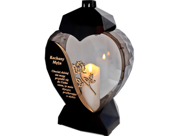 MĄŻ MĘŻOWI ZNICZ LAMPION SERCE D CZARNY RÓŻA SENTENCJA ZŁOTO+ŚWIECA LED BIAŁA