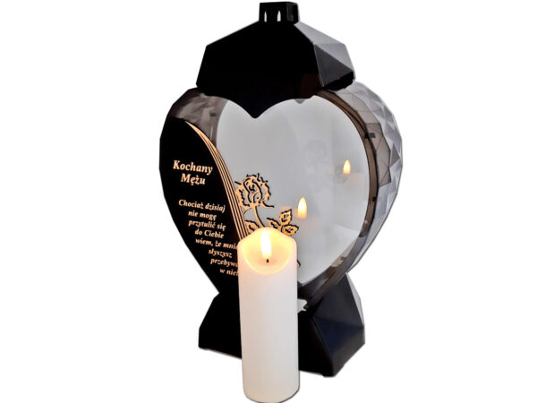 MĄŻ MĘŻOWI ZNICZ LAMPION SERCE D CZARNY RÓŻA SENTENCJA ZŁOTO+ŚWIECA LED BIAŁA