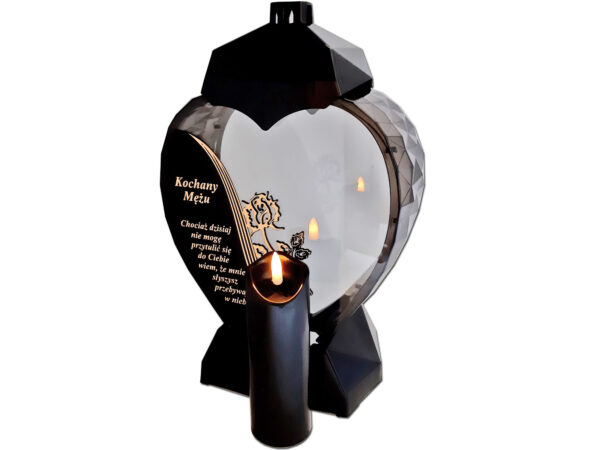 MĄŻ MĘŻOWI ZNICZ LAMPION SERCE D CZARNY RÓŻA SENTENCJA ZŁOTO+ŚWIECA LED CZARNA
