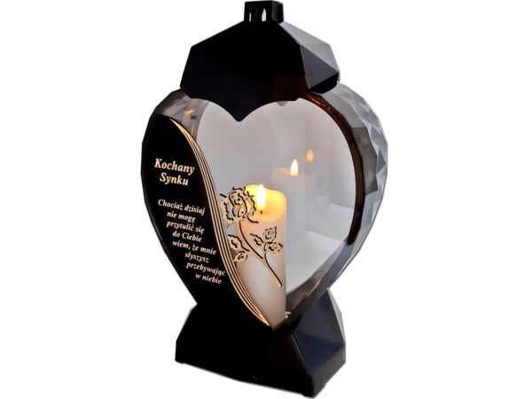 SYN SYNOWI ZNICZ LAMPION SERCE D CZARNY RÓŻA SENTENCJA ZŁOTO+ŚWIECA LED BIAŁA