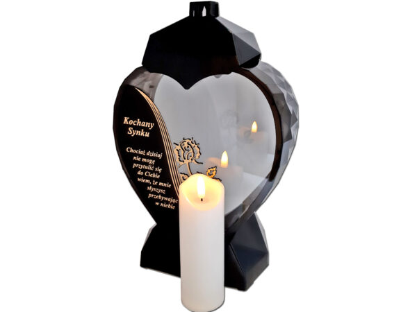 SYN SYNOWI ZNICZ LAMPION SERCE D CZARNY RÓŻA SENTENCJA ZŁOTO+ŚWIECA LED BIAŁA