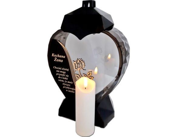 ŻONA ŻONIE ZNICZ LAMPION SERCE D CZARNY RÓŻA SENTENCJA ZŁOTO+ŚWIECA LED BIAŁA