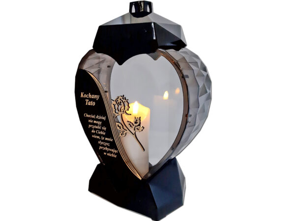 TATA TACIE ZNICZ LAMPION SERCE D CZARNY RÓŻA SENTENCJA ZŁOTO+ŚWIECA LED
