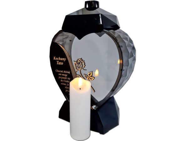 TATA TACIE ZNICZ LAMPION SERCE D CZARNY RÓŻA SENTENCJA ZŁOTO+ŚWIECA LED