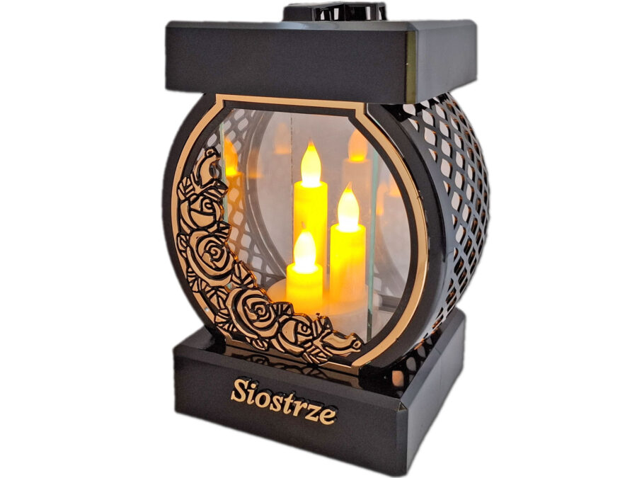 SIOSTRA SIOSTRZE ZNICZ LAMPION NA GRÓB KOŁO RTN RÓŻA RAM ZŁO+ŚWIECZNIK LED