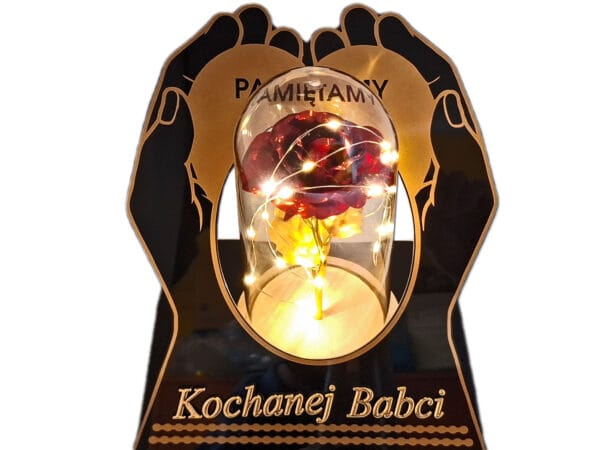 BABCIA BABCI ZNICZ LAMPION NA GRÓB SKOS DŁONIE RÓŻA CZERWONA+LEDY