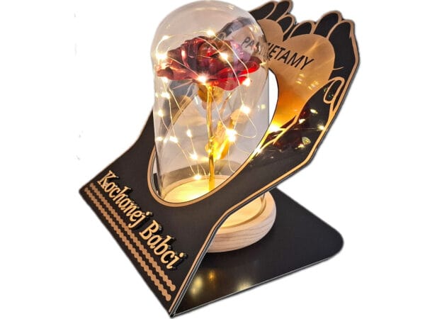 BABCIA BABCI ZNICZ LAMPION NA GRÓB SKOS DŁONIE RÓŻA CZERWONA+LEDY