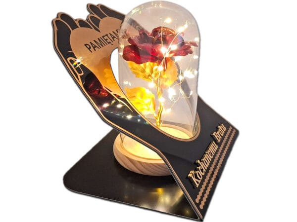 BRAT BRATU ZNICZ LAMPION NA GRÓB SKOS DŁONIE RÓŻA CZERWONA+LEDY