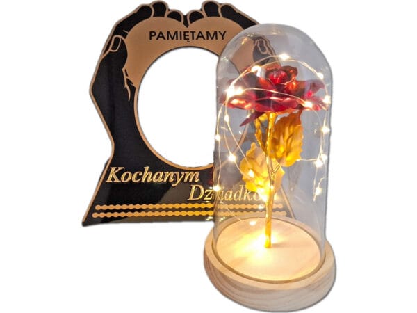 DZIADKOM DZIADKI ZNICZ LAMPION NA GRÓB SKOS DŁONIE RÓŻA CZERWONA+LEDY