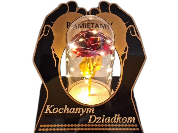 DZIADKOM DZIADKI ZNICZ LAMPION NA GRÓB SKOS DŁONIE RÓŻA CZERWONA+LEDY