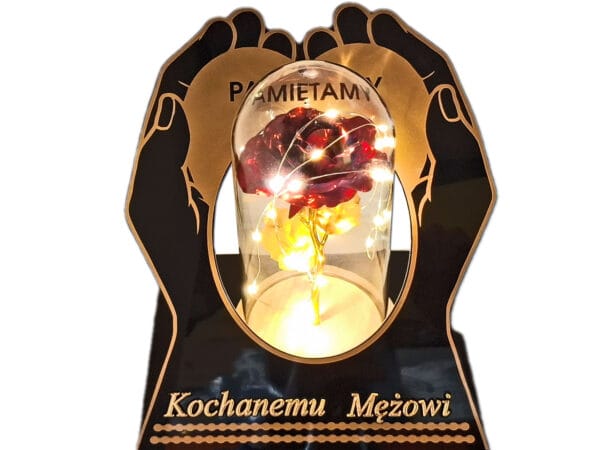 MĄŻ MĘŻOWI ZNICZ LAMPION NA GRÓB SKOS DŁONIE RÓŻA CZERWONA+LEDY