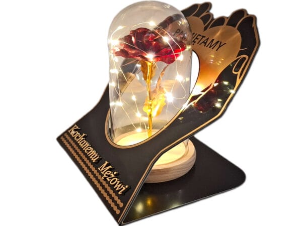 MĄŻ MĘŻOWI ZNICZ LAMPION NA GRÓB SKOS DŁONIE RÓŻA CZERWONA+LEDY