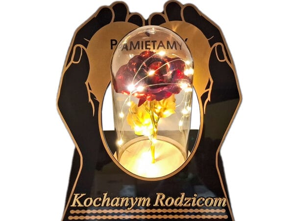 RODZICE RODZICOM ZNICZ LAMPION NA GRÓB SKOS DŁONIE RÓŻA CZERWONA+LEDY