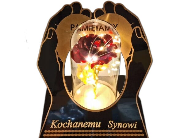SYN SYNOWI ZNICZ LAMPION NA GRÓB SKOS DŁONIE RÓŻA CZERWONA+LEDY