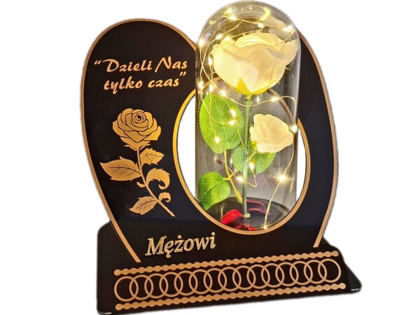 MĄŻ MĘŻOWI ZNICZ LAMPION NA GRÓB SKOS RÓŻA BIAŁA+LEDY