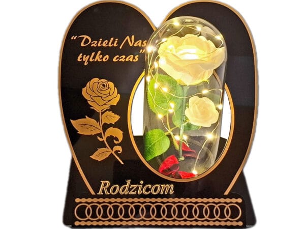 RODZICE RODZICOM ZNICZ LAMPION NA GRÓB SKOS RÓŻA BIAŁA+LEDY