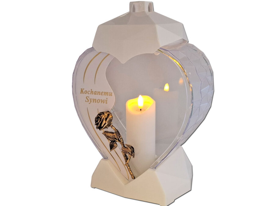 SYN SYNOWI ZNICZ LAMPION NA GRÓB SERCE DEDYKACJA RÓŻA ZŁO BIAŁY+ŚWIECA LED