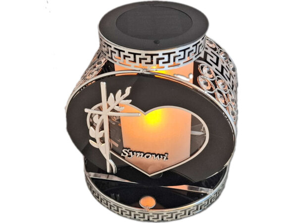 SYN SYNOWI SOLAR FOTOWOLTAICZNY ZNICZ LAMPION VIP KOŁO SREBRNO-BIA