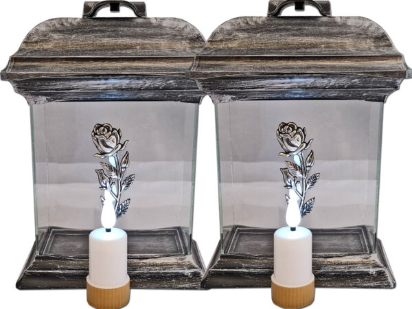 ZNICZ LAMPION NA GRÓB ZESTAW 2 SZTUKI KAPLICA SZKŁO RÓŻA SREBRO +WKŁADY