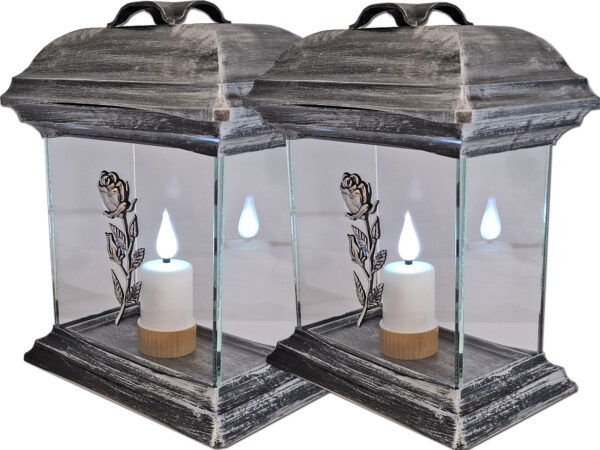 ZNICZ LAMPION NA GRÓB ZESTAW 2 SZTUKI KAPLICA SZKŁO RÓŻA SREBRO +WKŁADY