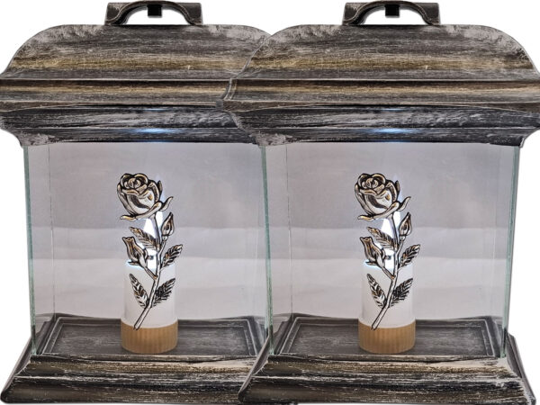 ZNICZ LAMPION NA GRÓB ZESTAW 2 SZTUKI KAPLICA SZKŁO RÓŻA SREBRO +WKŁADY