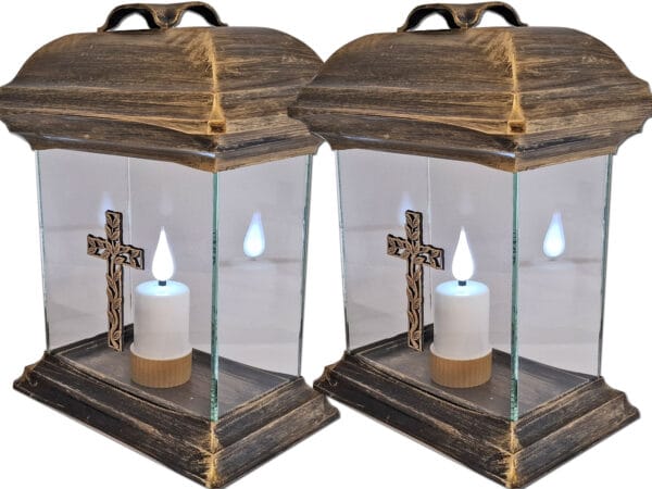 ZNICZ LAMPION NA GRÓB ZESTAW 2 SZTUKI KAPLICA SZKŁO KRZYŻ ZŁOTO +WKŁADY