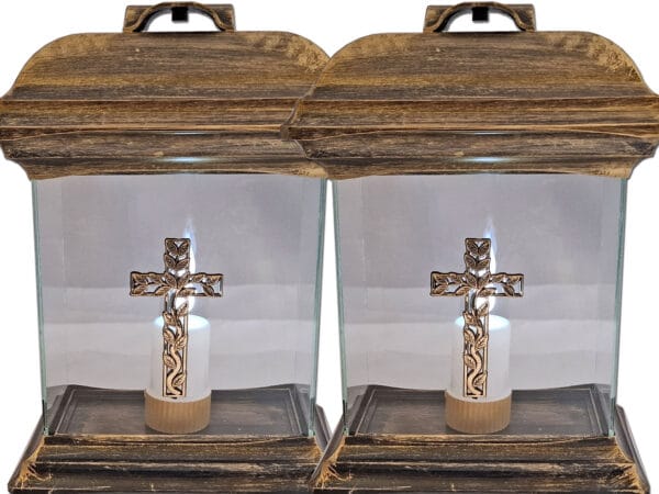 ZNICZ LAMPION NA GRÓB ZESTAW 2 SZTUKI KAPLICA SZKŁO KRZYŻ ZŁOTO +WKŁADY
