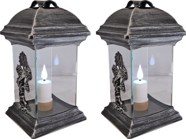 ZNICZ LAMPION NA GRÓB ZESTAW 2 SZTUKI KATEDRA SZKŁO DRZEWO SREBRO +WKŁADY