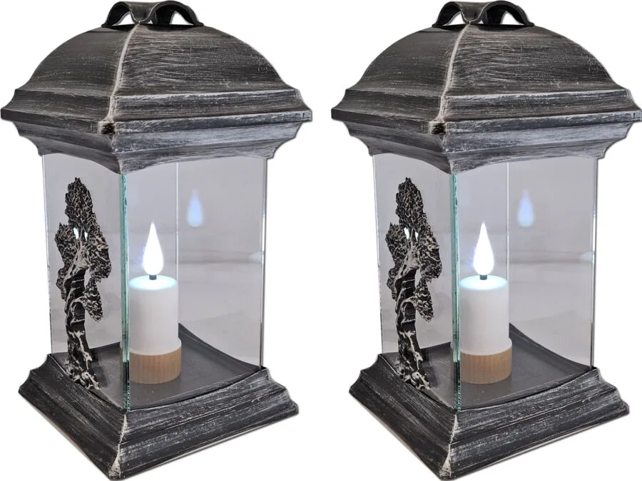 ZNICZ LAMPION NA GRÓB ZESTAW 2 SZTUKI KATEDRA SZKŁO DRZEWO SREBRO +WKŁADY