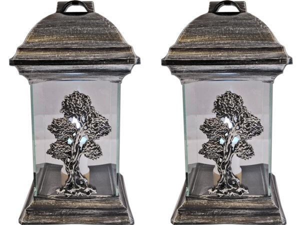 ZNICZ LAMPION NA GRÓB ZESTAW 2 SZTUKI KATEDRA SZKŁO DRZEWO SREBRO +WKŁADY